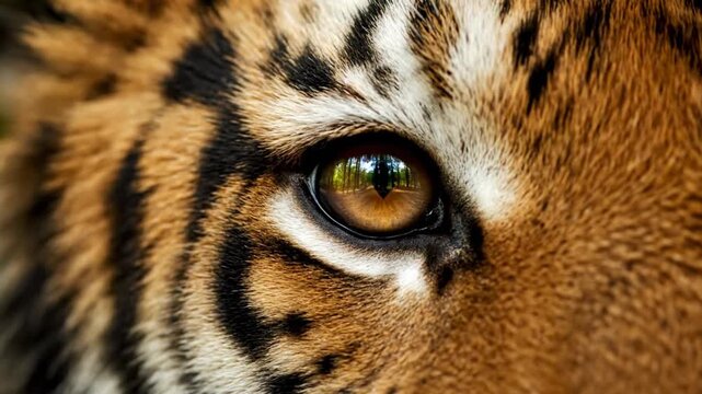 Intense Tiger Eye with Forest Reflection in Pupil and Striped Fur