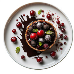Top view of chocolate and cherry tart in Michelin star dessert plating isolated on white transparent background