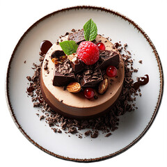 Top view of chocolate and coffee mousse cake in Michelin star dessert plating isolated on white transparent background