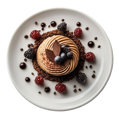 Top view of chocolate and coffee mousse tart in Michelin star dessert plating isolated on white transparent background