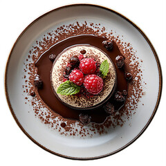Top view of chocolate and espresso mousse cake in Michelin star dessert plating isolated on white transparent background