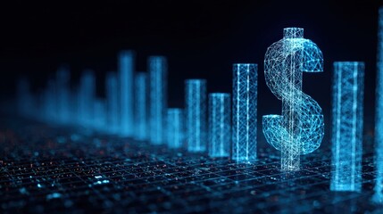 A dynamic and futuristic representation of financial success, a luminous dollar sign emerges from a matrix of interconnected data points. ..Created with Generative AI, not depicting real subjects.