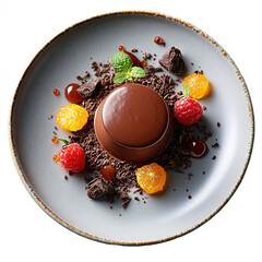 Top view of chocolate and orange mousse in Michelin star dessert plating isolated on white transparent background
