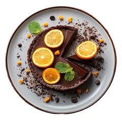 Top view of chocolate and orange tart on white crockery Michelin star dessert plating isolated on a white transparent background