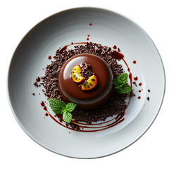 Top view of chocolate and passion fruit mousse on white crockery Michelin star dessert plating isolated on a white transparent background
