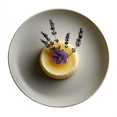 Top view of honey lavender panna cotta on white crockery Michelin star dessert plating isolated on a white transparent background