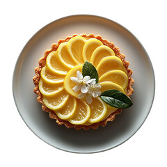 Top view of lemon and elderflower tart on white crockery Michelin star dessert plating isolated on a white transparent background