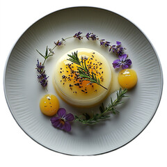 Top view of lemon and lavender panna cotta on white crockery Michelin star dessert plating isolated on a white transparent background