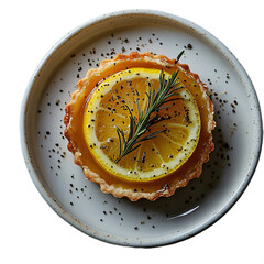 Top view of lemon and rosemary tart on white crockery Michelin star dessert plating isolated on a white transparent background