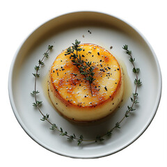 Top view of lemon and thyme cake on white crockery Michelin star dessert plating isolated on a white transparent background
