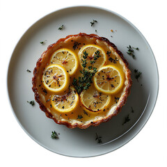 Top view of lemon and thyme tart on white crockery Michelin star dessert plating isolated on a white transparent background