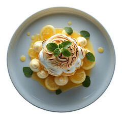 Top view of lemon meringue pie on white crockery Michelin star dessert plating isolated on a white transparent background