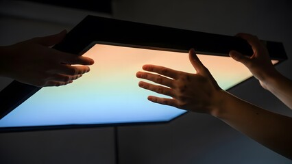 Hands Interacting with Light Box Display.