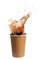 coffee splash in paper cup on white background.