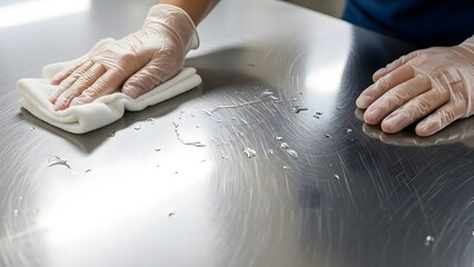 Cleaning metal surface with cloth and gloves.