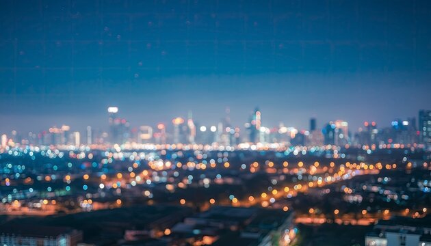 Blurred city lights at dusk, night time skyline