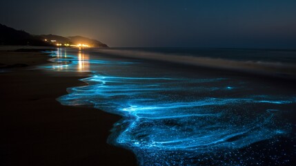 Bioluminescent plankton creating glowing blue waves reaching a dark beach shoreline at night