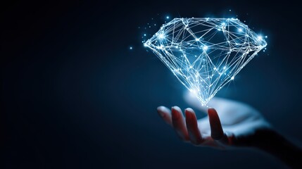 A hand cradles a luminous digital diamond, symbolizing the value and preciousness of innovative technology within a deep blue digital realm.  ..Created with Generative AI, not depicting real subjects.