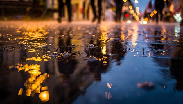 Rainy city street with water reflection and blurred lights