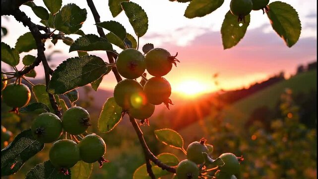 Small green wild apples growing on tree branches, rustic harvest mood