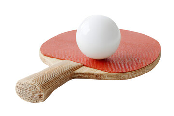 Ping pong racket red and ball smooth and white isolated on cut out PNG or transparent background. Ideal for themes of sport recreation and fitness. Table tennis paddle addle features wooden handle.