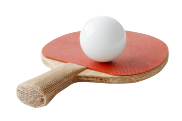 Ping pong racket red and ball smooth and white isolated on cut out PNG or transparent background. Ideal for themes of sport recreation and fitness. Table tennis paddle addle features wooden handle.