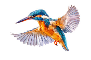 Obraz premium Picture draw by watercolor of kingfisher bird beautiful flying to find food isolated on cutout PNG or transparent background. Work of art. Realistic animal clipart template pattern.