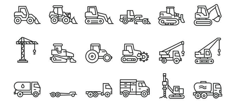Construction vehicle line icon set. Vector pictograms of bulldozer, loader, grader, paver, roller, lowboy hauler, utility, concrete mixer, thin linear illustration.