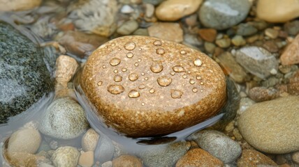 Close-up of Smooth River Stone with Water Droplets
