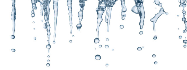 Melting icicles with water drops dripping and thawing from frozen formations against a clean white background.