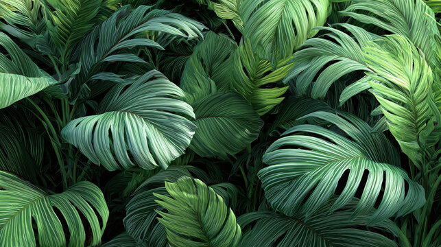 Close-up of lush green tropical leaves with intricate details, creating a vibrant and natural scene. The texture of the leaves adds a touch of freshness.