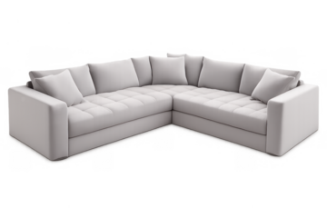 White corner sofa with pillows, modern l-shaped design, comfortable furniture for contemporary home interior, isolated png