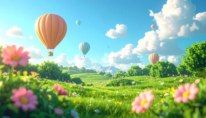 Fototapeta premium Cartoon Pastel Flower Meadow with Short Bushes, Hot Air Balloon and Clear Sky