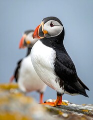Naklejka premium Two colorful seabirds with striking beaks and contrasting plumage stand on a rocky surface, one slightly behind the other