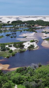 Betania Village In Santo Amaro Maranhao Brazil. Stunning Tropical Coastline Beach Scene Viewed From Above. Shore Clouds Sky Beach Sea. Shore Seaside Travel. Santo Amaro Maranhao.