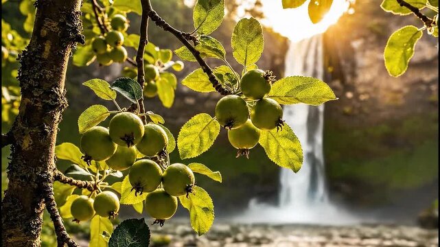 Small green wild apples growing on tree branches, rustic harvest mood