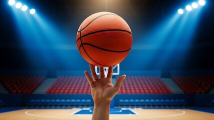 A basketball spinning in the air above a player's hand on a basketball court in a large stadium with red seats and blue lighting.