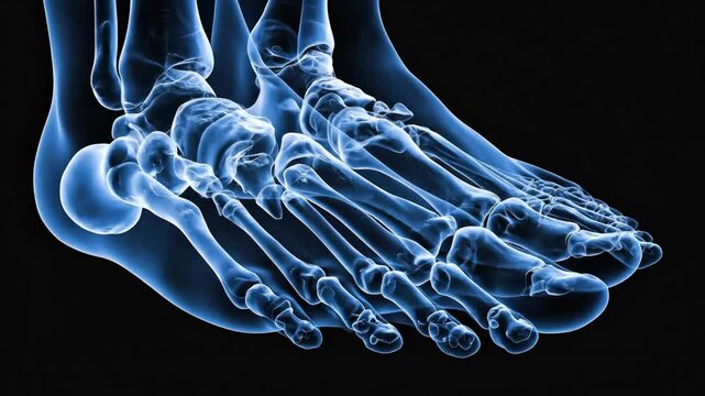 3D X-ray visualization of human foot bones and ankle joints rotating on black background