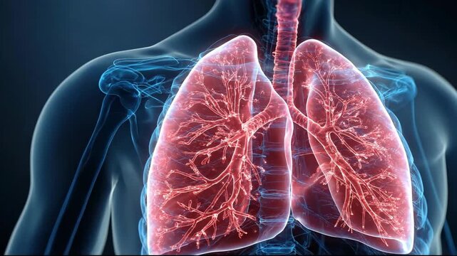 Human lungs breathing anatomy 3D animation in transparent body x-ray view