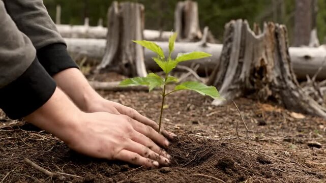 cinematic close up environmental scene hands planting small tree in dry deforested ground surrounding tree stumps and fallen logs only body parts visible no face muted earth color palette soft overcas