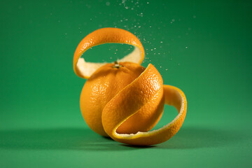 Orange fruit with peel unwrapping and water droplets against a plain green studio background