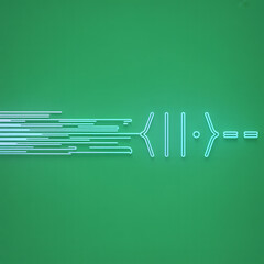 Digital data transfer visualization shows speed lines converging into logical comparison operators against bright green abstract background vector.