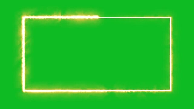 Neon square frame overlay line animation.  Burning fire frame border on green screen background. Cinematic burning fire frame border animation.