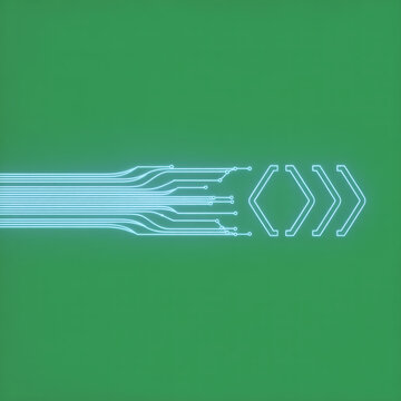 Abstract digital stream illustration shows glowing circuit lines merging into chevron brackets indicating fast technological data transmission.