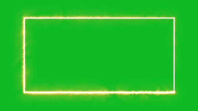Neon square frame overlay line animation.  Burning fire frame border on green screen background. Cinematic burning fire frame border animation.