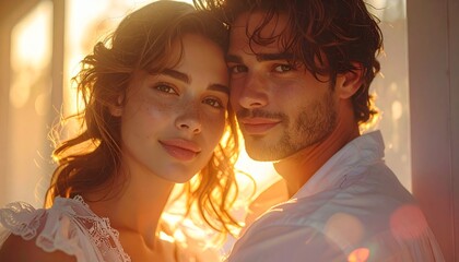 Tender young couple embracing in warm sunlight.