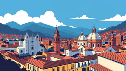 Bogot&aacute; city postcard vector illustration with dense urban skyline in flat solid colors, energetic travel poster style designed for tourism, wall art, and branding