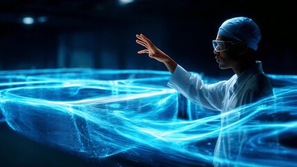 A scientist manipulates dynamic blue holographic waves in a dark laboratory, showcasing a blend of technology and innovative research in an environment filled with advanced digital effects. - Powered by Adobe