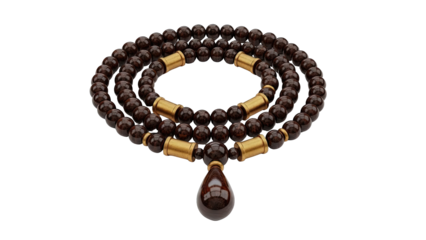 Dark Wood Beaded Necklace with Gold Accents and Pendant