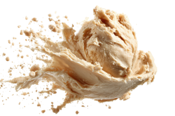 Beige blob explodes into smaller droplets against black